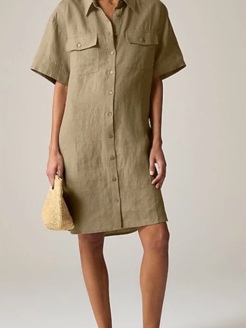 J. Crew Olive-Taupe Linen Utility Shirt Dress